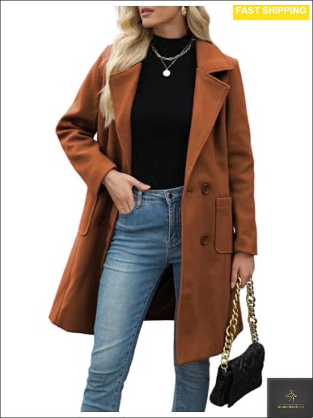 Women's Wool Blend Mid-Long Pea Coat Double-Breasted Notch Lapel Winter Jacket